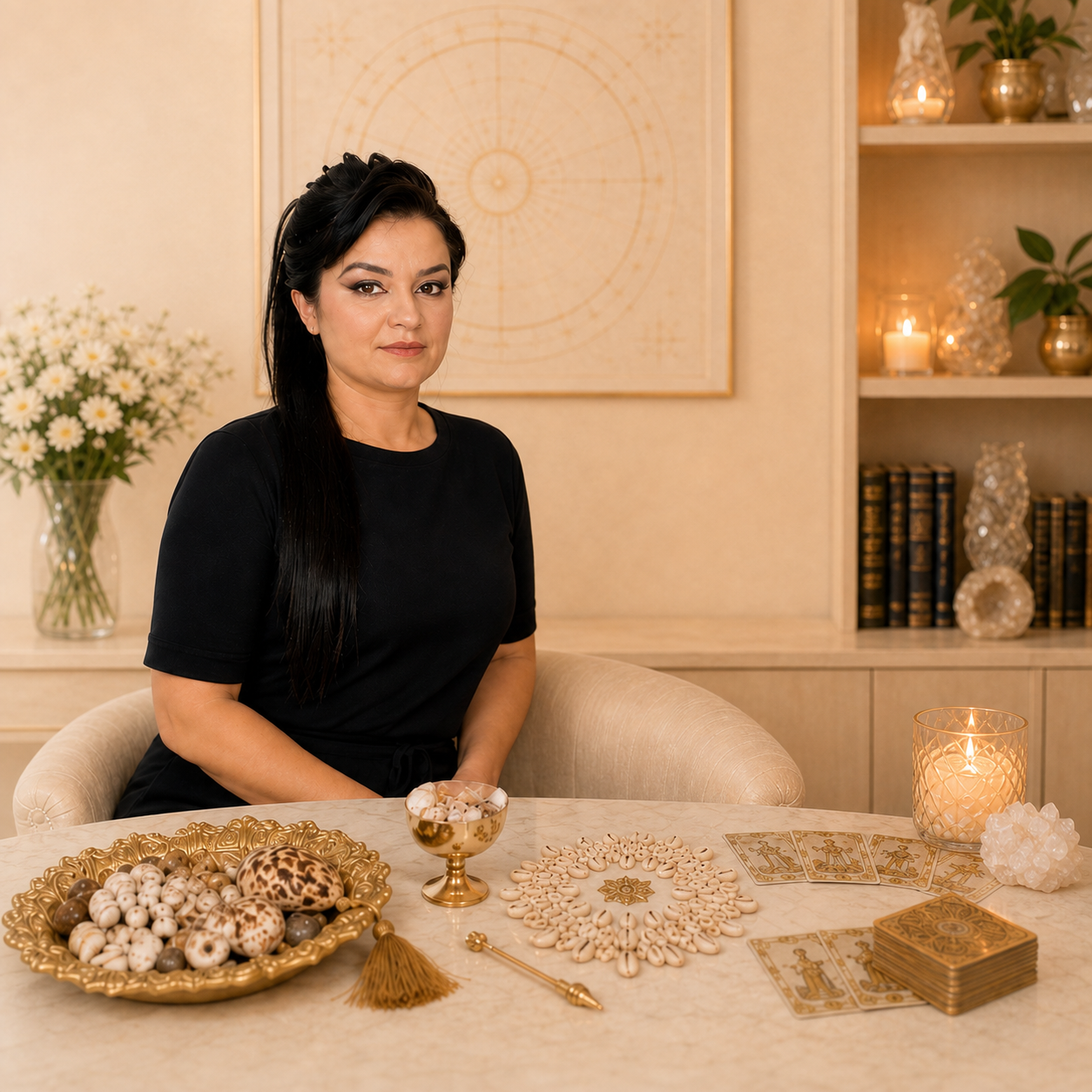 Cristina em ambiente de atendimento espiritual com cartas e elementos esotéricos